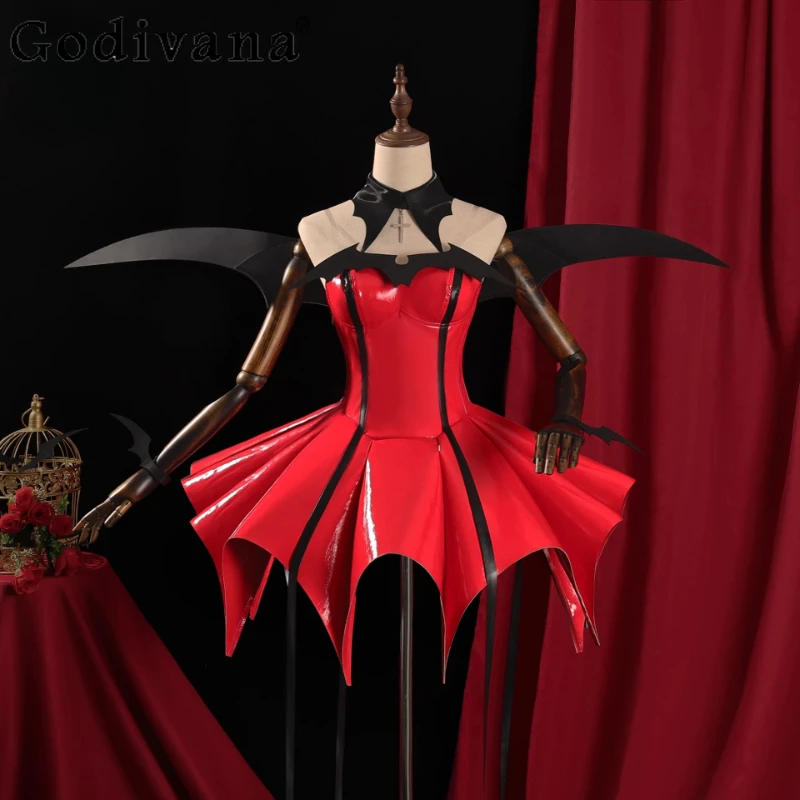 Zestaw Karnawałowy Halloween dla Kobiet Czerwony Świąteczny Strój do Odgrywania Ról Damska Peruka Skrzydła Akcesoria Sukienka