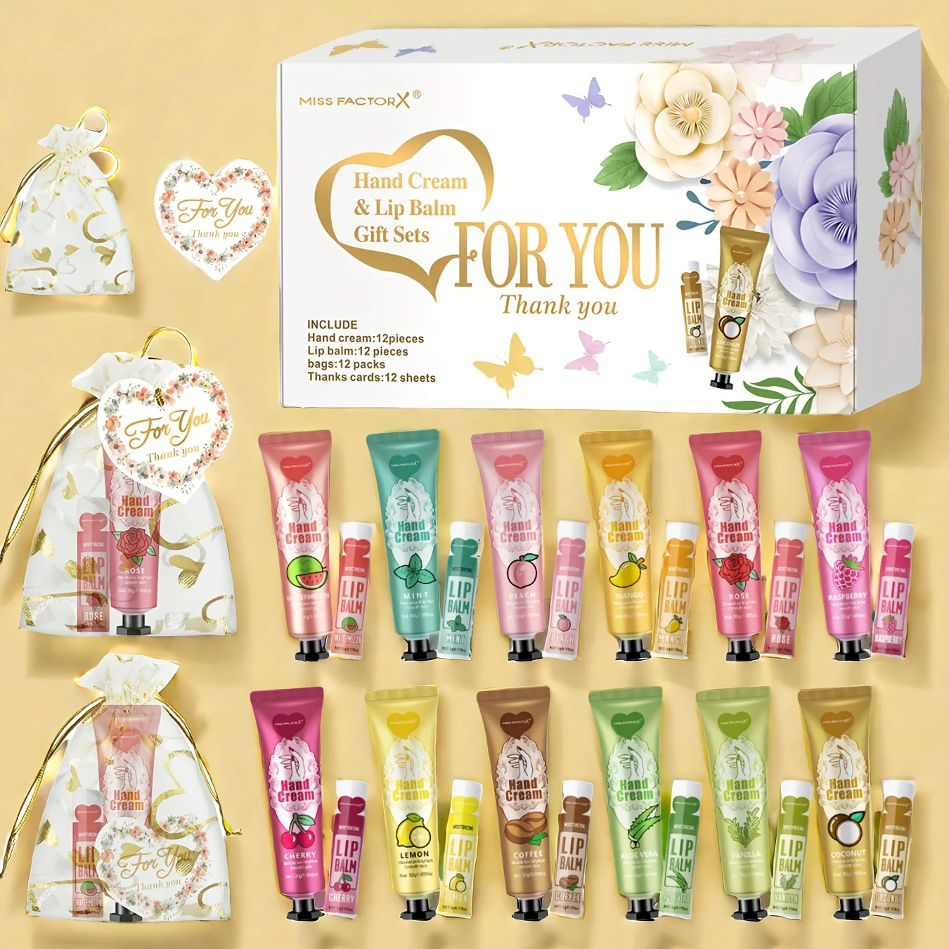 12 Hand gift Hand cream and lip balm set Friends Party Gift with love net bag and thank you card Holiday gift