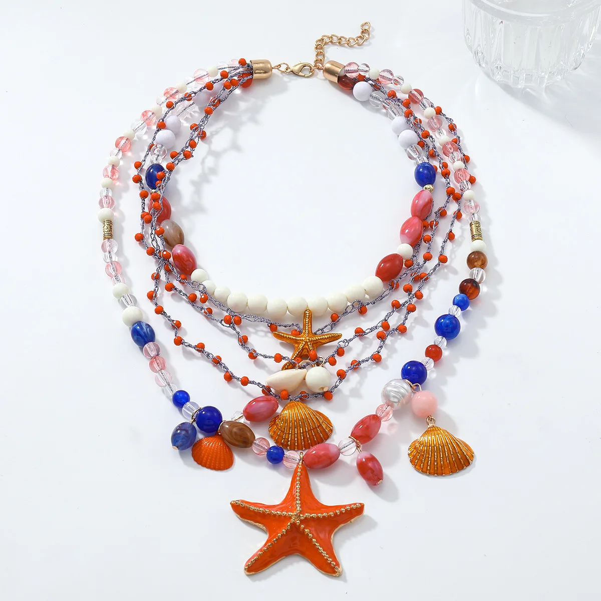 

ZAA Boho Handmade Resin Beaded Shell Starfish Pendant Necklaces for Women Multi-layer Neck Jewelry Holiday Party Accessories