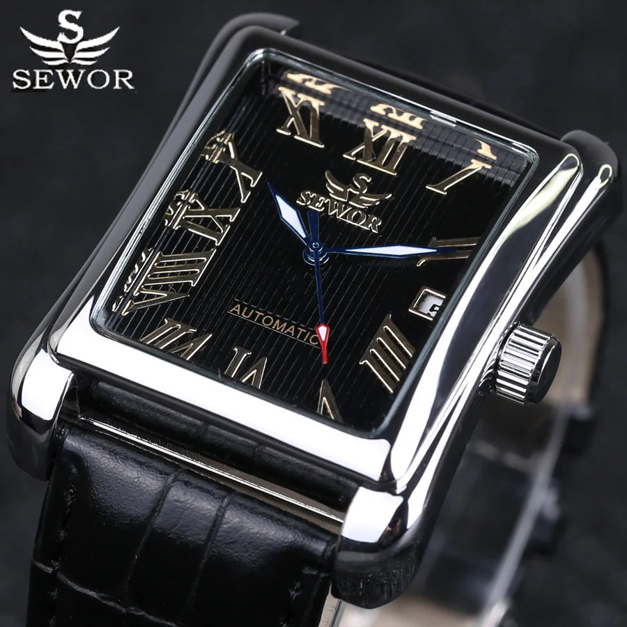 SEWOR Mode Rechteck Mechanische Uhren Männer Römischen Display Automatische Mechanische Armbanduhren Reloj Hombre Relogio Masculino