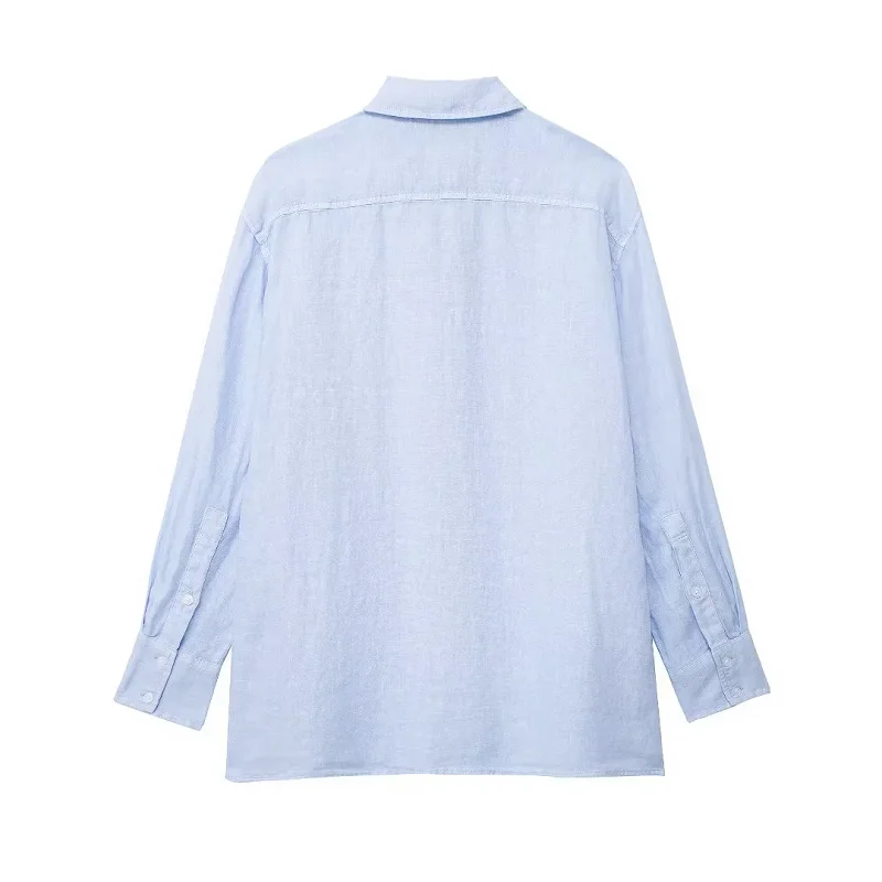 TRAF Blue Linen Women Shirt Plus Size Button Lady Blouse New In 2024 Spring Summer Fashion Casual Elegant Office Women Clothing