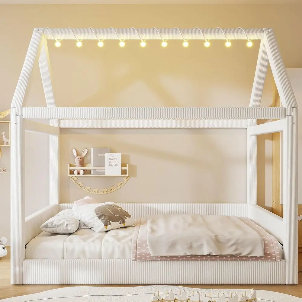 

Full Size Corduroy Upholstered Kids Bed with Roo Design - Beige