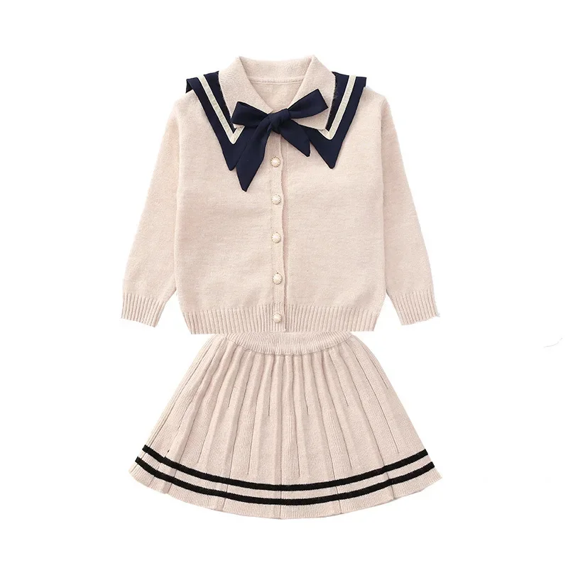 Girls' Sweater Set 2023 Autumn New Western Style Fashion Teen College Style Striped Knit Sweater Pleated Skirt Two-piece Set