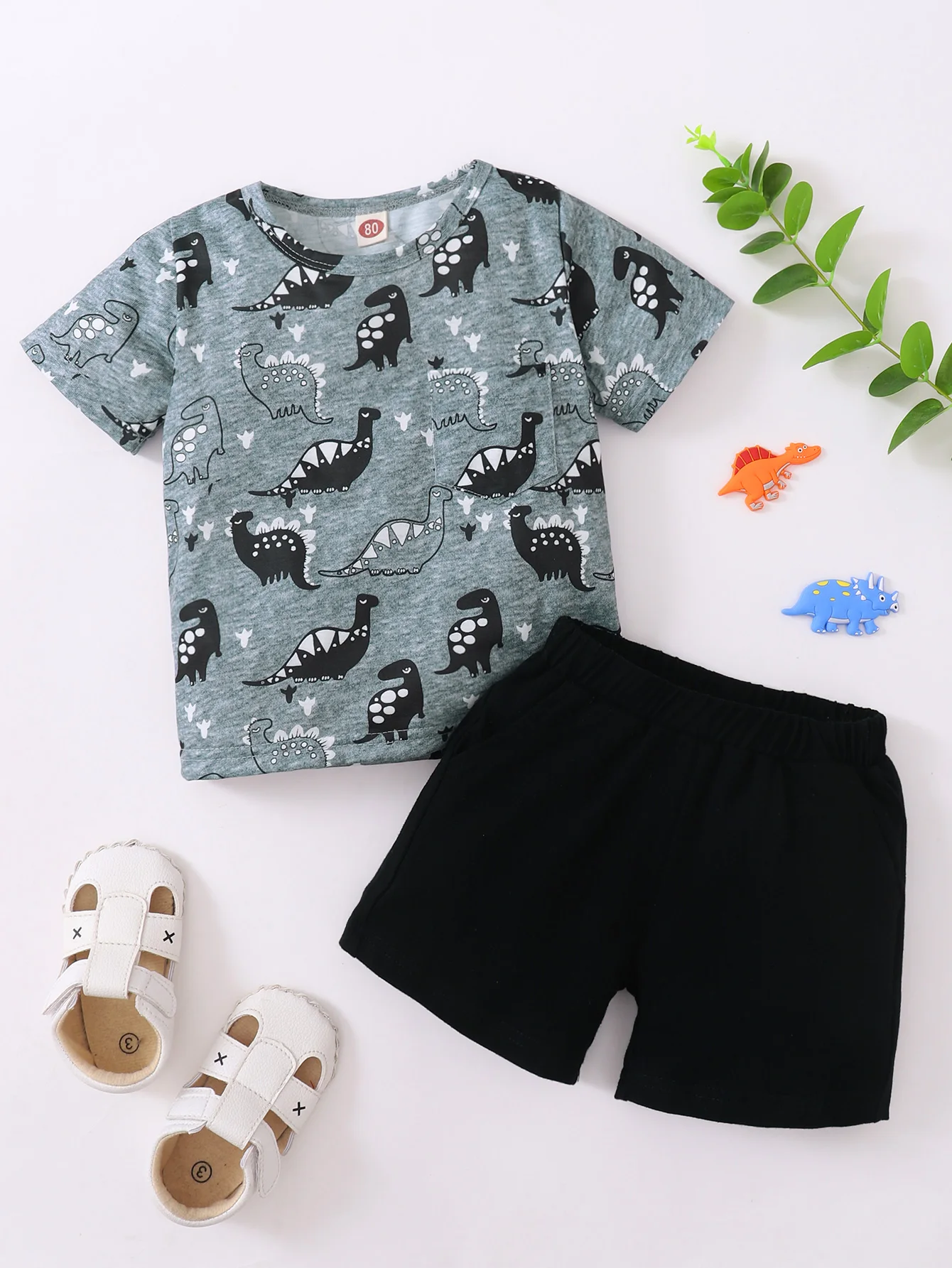 Casual Summer Outdoor Boy Baby Round Neck Cartoon Dinosaur Print Short-Sleeved T-Shirt Pure Black Shorts Daily Two-Piece Suit