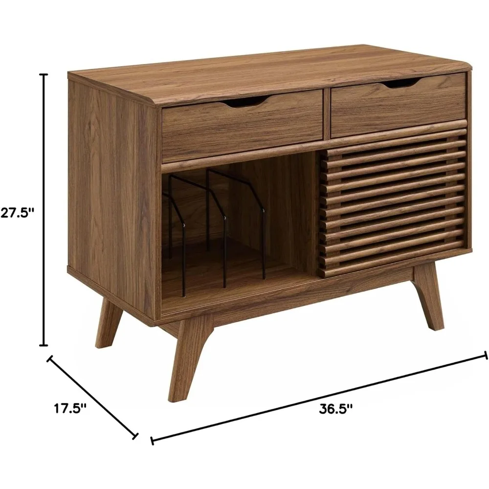 Render Mid-Century Modern Vinyl Record Storage Display Cabinet, 37 Inch, Walnut