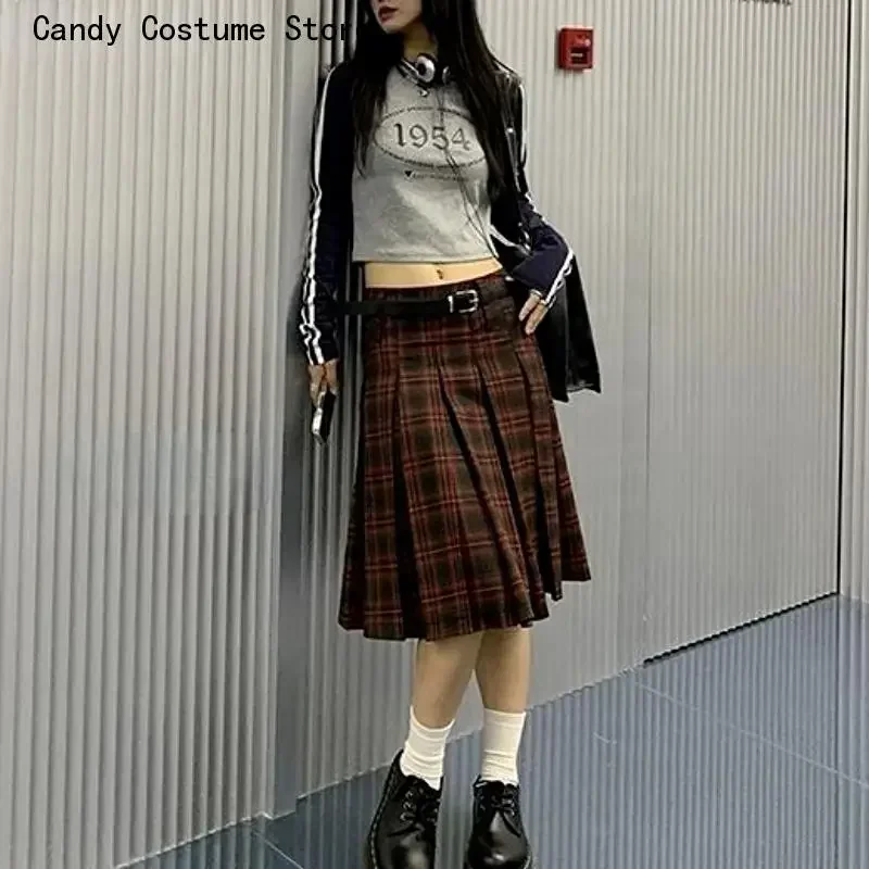 

Women's Preppy Style Low Waistpleated Skirts, Preppy Style, Casual, Students, Vintage, Literary, Plaid, Knee-Length, Korean