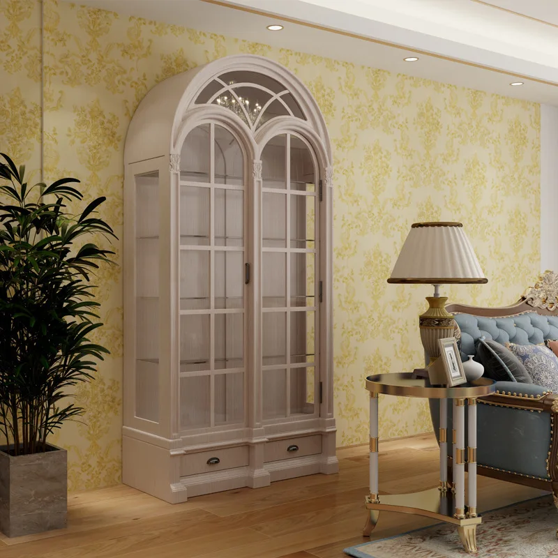 Estante retrô de madeira maciça para sala de estar americana, display contra a parede, prateleira de porta de vidro europeia