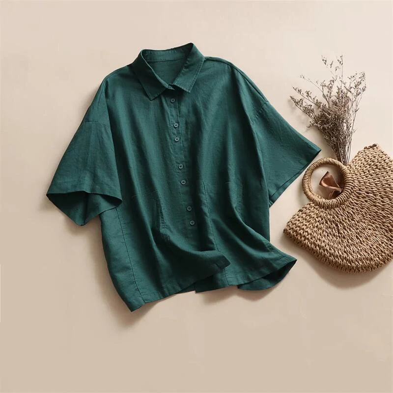 Cotton linen lapel drop shoulder short-sleeved blouse female summer new Korean version of the loose large size literary design