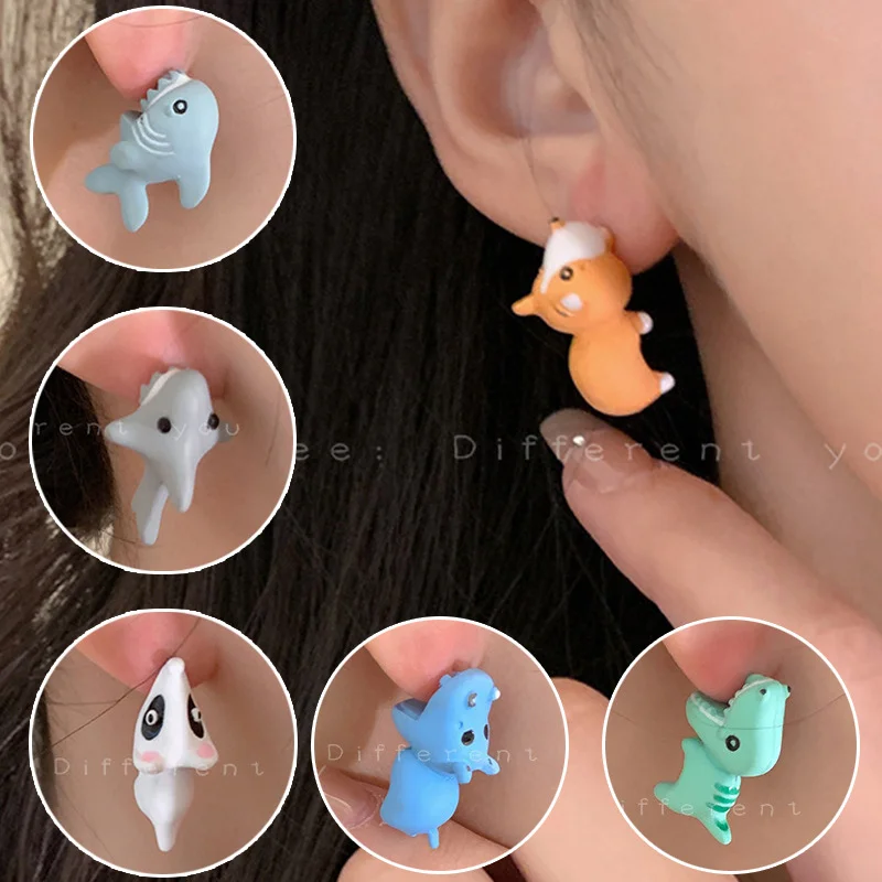 2 piezas/1 par de bonitos pendientes de animales de dibujos animados para niña, bonitos pequeños dinosaurios, corgi, perro, tiburón, morder, pendientes divertidos, regalo de moda