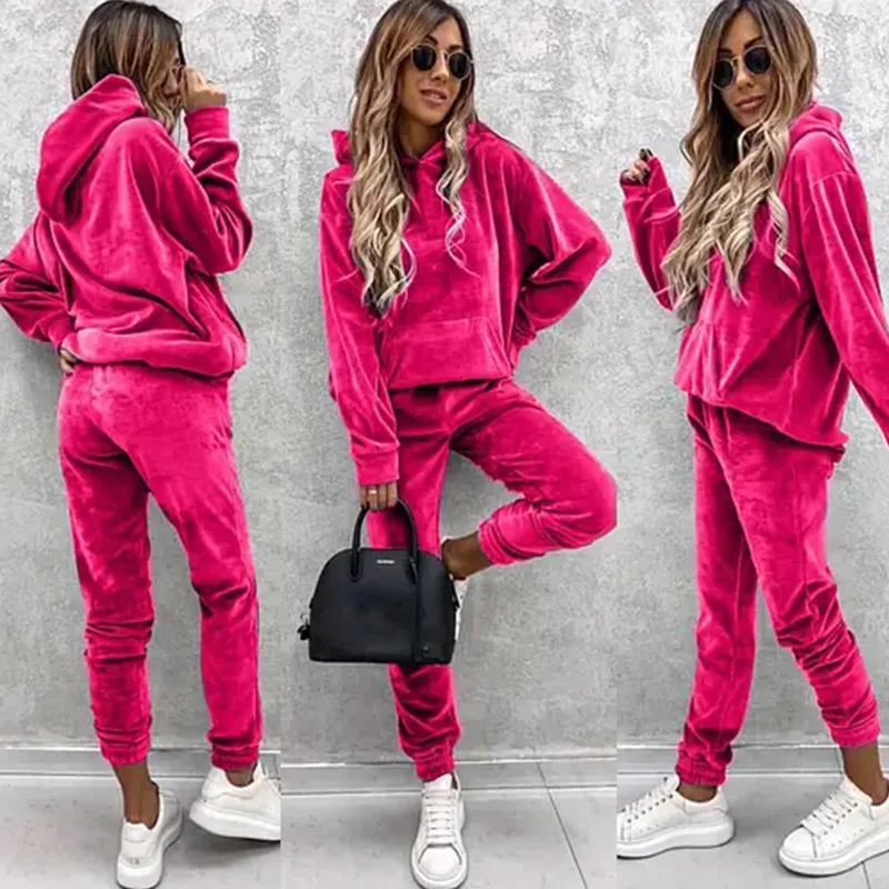 Casual Sportswear Set for Women in Pure Color Hoodie And Long Pants Autumn Winter Two-Piece Suite Comfortable Loose Fit Fai...