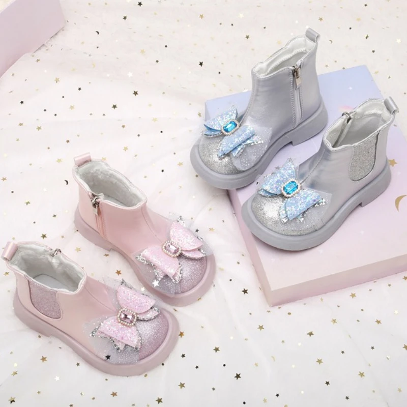 

2025Winter New High Quality Kids Ankle Boots Comfor Anti Slip Girls Snow Boots Simple Versatile Child Water Diamond Leather Boot