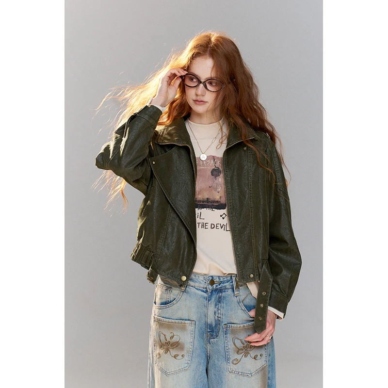 ELFSACK Women's Vintage Cropped Jacket with Zip Front, Asymmetric Hem Utility Outerwear for Daily Wear