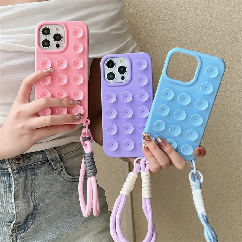 Liquid With Lanyard Soft Silicone Solid Color Large Hole Plain Suction Cup Phone Case For iPhone 11 12 13 14 15 16 Pro Max