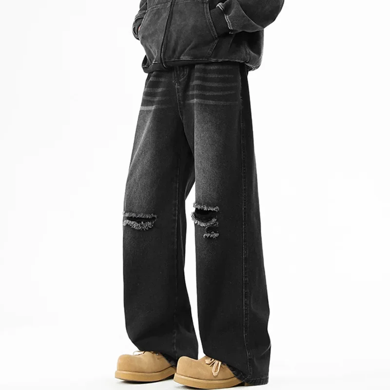 American Vintage 2025 Fashion Men’s Casual Trendy Hole Patched Loose Wide Leg Straight Denim Trousers Male Jeans Pants Clothes