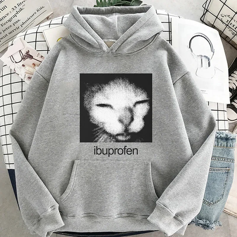 ibuprofen cat Meme Graphic Hoodies for Men Women Casual Fleece High Quality Sweatshirts Harajuku Hip Hop Punk Pullovers Clothe