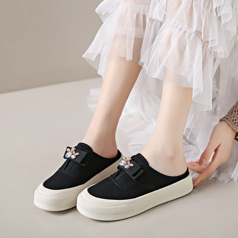 Summer Fashion Slip On Women's Shoes Canvas Backless Platform Slides Casual Comfort Walking Loafers Ladies Office Mules