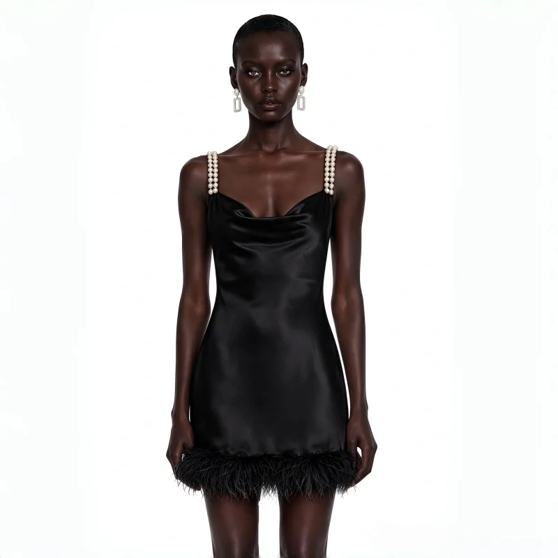Women Satin Mini Cocktail Dress With Pearl Spaghetti Straps Draped Neck Open Back Feather Hem Sexy Bodycon Short Evening Gown