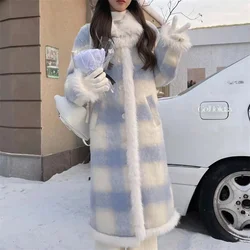 Thickened Plaid Woolen Long Jacket For Women 2024 Winter New Sweet and Cool Woolen Fur For Warmth and Cotton Outerwear For Women