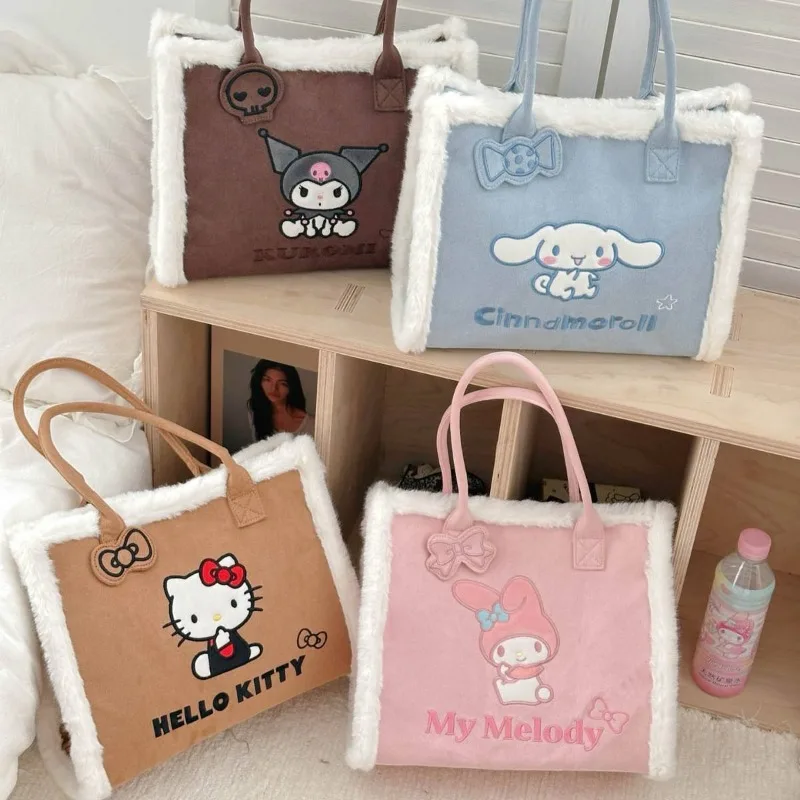 

Kawaii Kuromi My Melody Cinnamoroll Hello Kitty Sanrio Cute Student Handbag Children Suede Single Shoulder Bag Gift for Kids