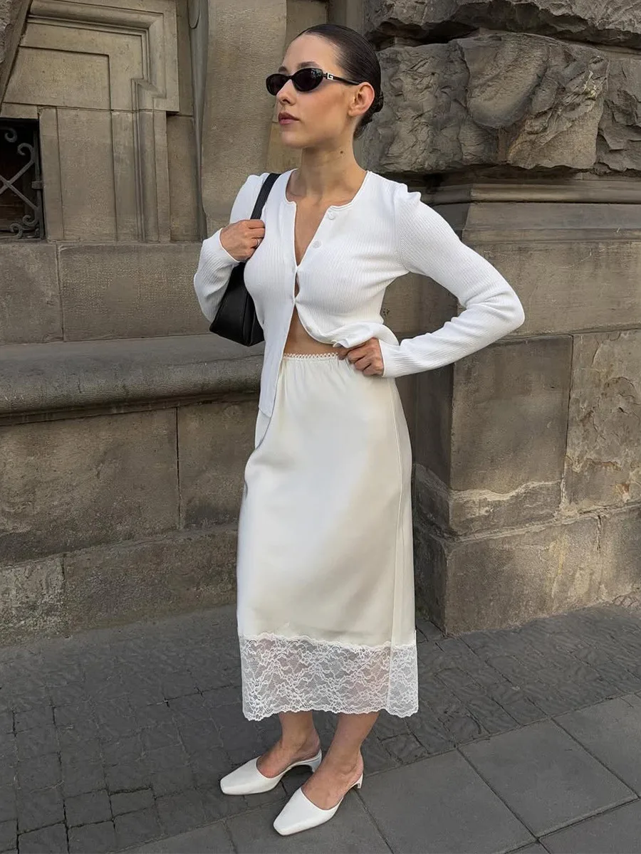 

Юбка с высокой талией и кружевной отделкой, женская модная юбка из полиэфирного волокна, свободная прямая юбка H-образного силуэта, для повседневной носки