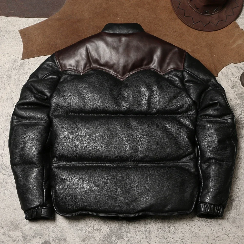 Winter Extra Thick Leather Down Bread Jacket Men's Vintage Leather Jacket Warm Jacket with Cowhide and Duck Down