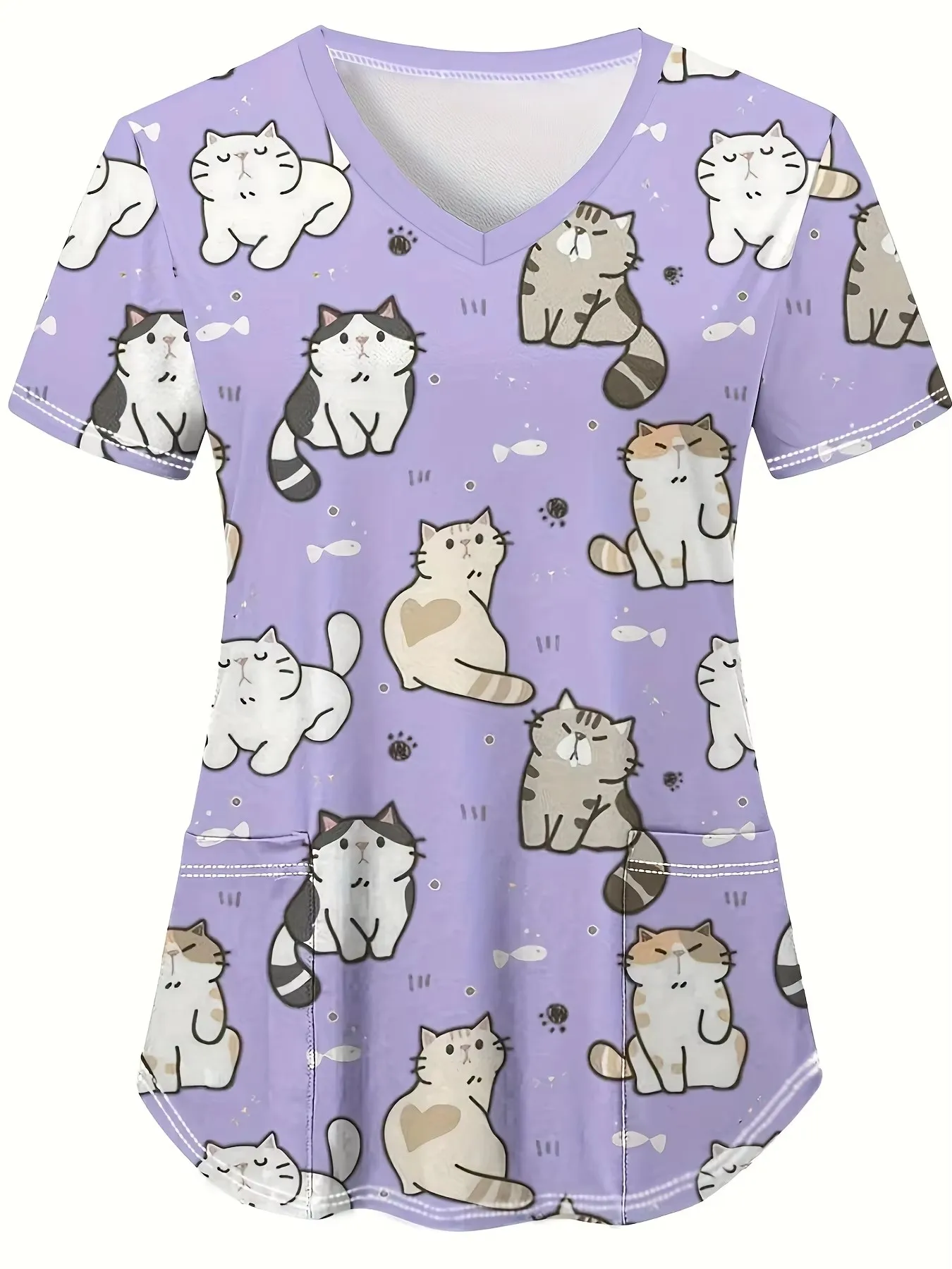 Medical Uniform for Women cute Cat and Dog Print V-Neck Clinical Uniform Short Sleeve Patch Pocket Tops Surgical Uniforms Woman