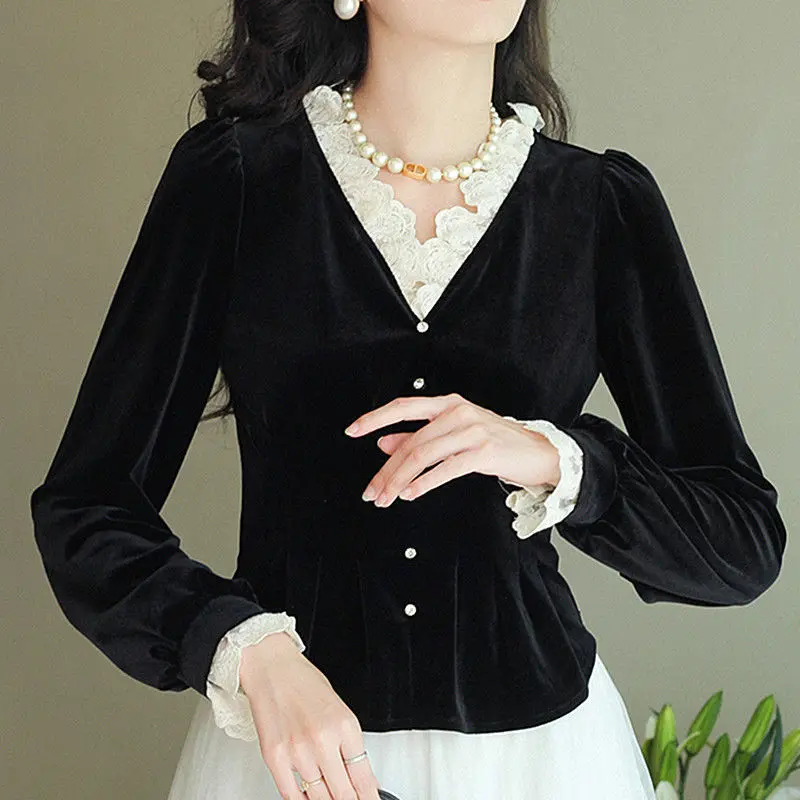 Elegant V-Neck Button Spliced Folds Lace Ruffles Blouse Women Clothing 2024 Autumn New Loose Casual Pullovers Office Lady Shirt