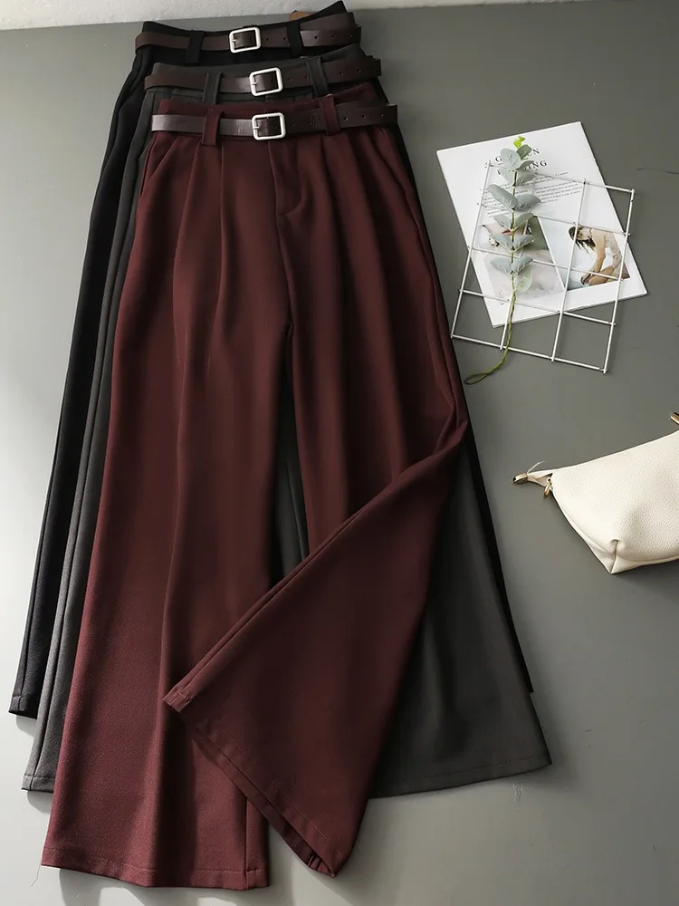 Trajes informales color burdeos, pantalones para mujer, pantalones elegantes de cintura alta y pierna ancha a la moda con bolsillos, negro y gris