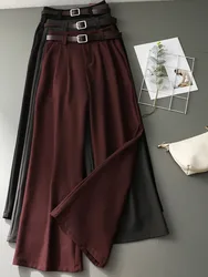 Casual Burgundy Suits Pants for Women Office Lady Elegant High Waist Wide Leg Fashion Trousers with Pockets Black Gray