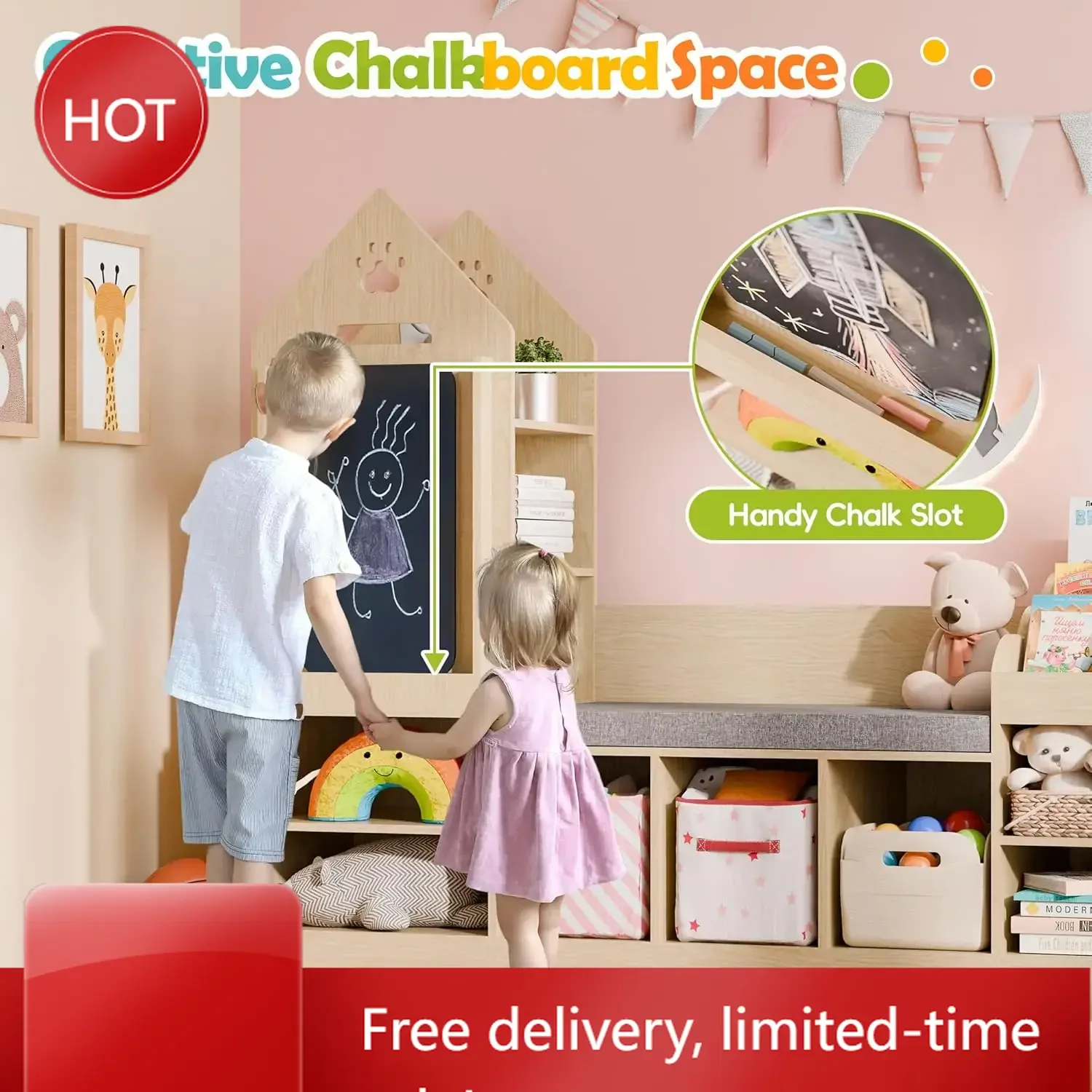 

Детская книжная полка с зоной для чтения, деревянный органайзер для хранения игрушек с доской для рисования и скамейкой, уголок для чтения для мальчиков и девочек
