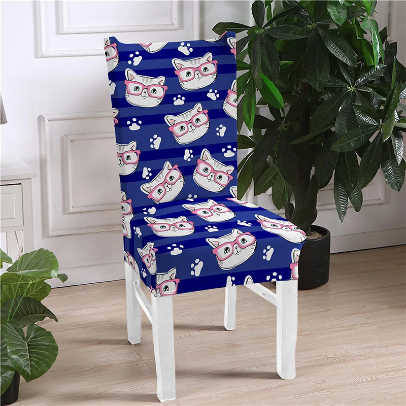 Cat Printed Chair Cover Spandex For Dining Room Elastic Material Modern Slipcovers Furniture Covers Kitchen Wedding Banquet