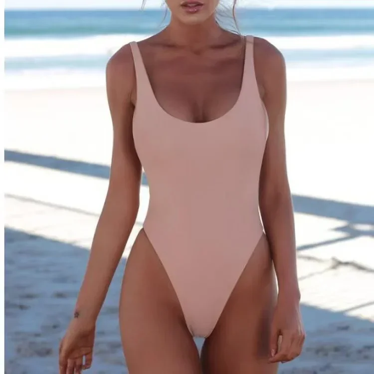2025 Sexy Bikini One-Piece Swimsuit Solid Female Swimwear Women Backless Brazilian Bathing Clother Suit Push Up Thong Swimwear