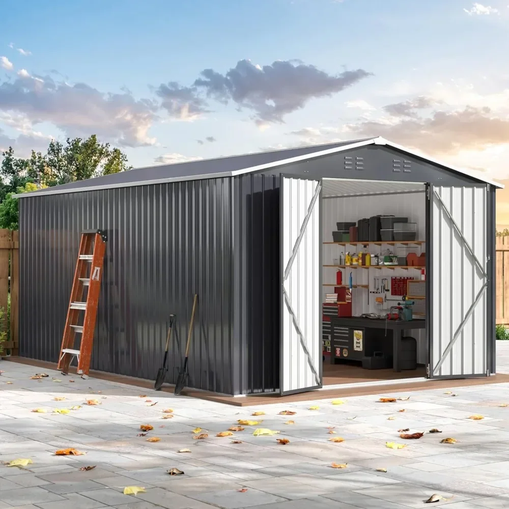 10x14 FT outdoor storage shed, practical metal tool storage shed with lockable door and structure, large metal garden shed