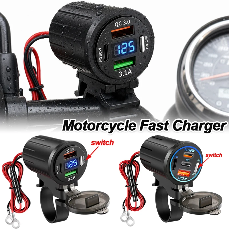 Motorcycle USB Fast Charger Waterproof Socket with Voltmeter Switch Handlebar Type C QC3.0 Power Outlet Moto Phone Charger