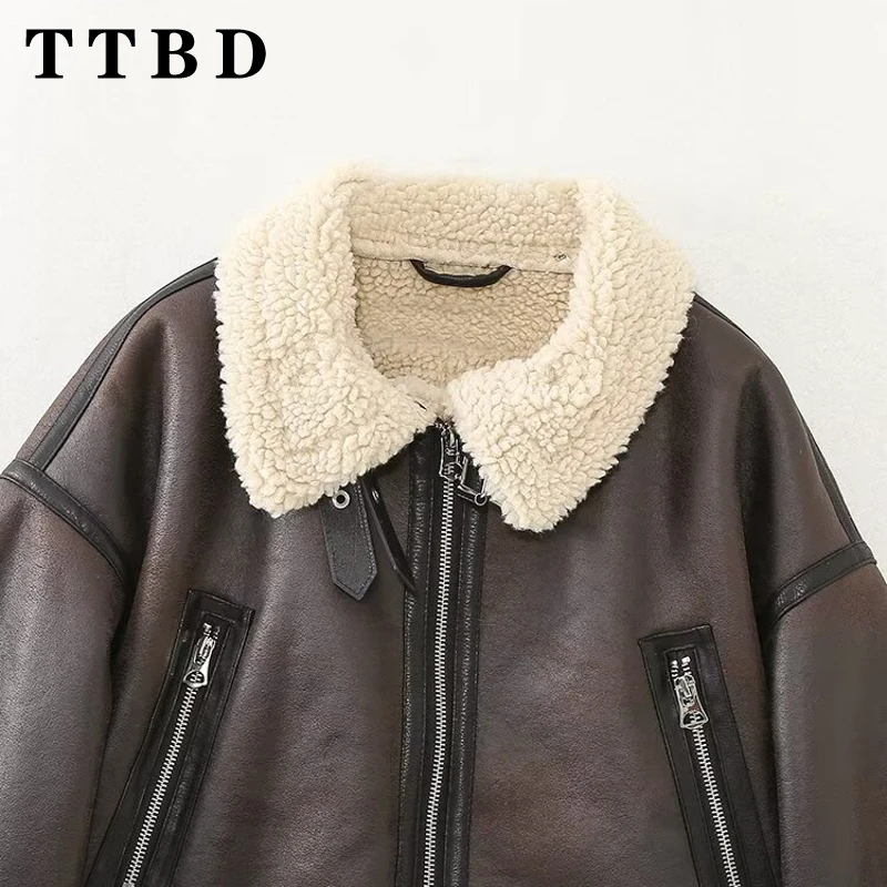 TTBD 2024 Winter Women Streetwear Faux Lamb Leather Fur Short Jacket with Belt Moto Biker Thick Warm Sheepskin Coat