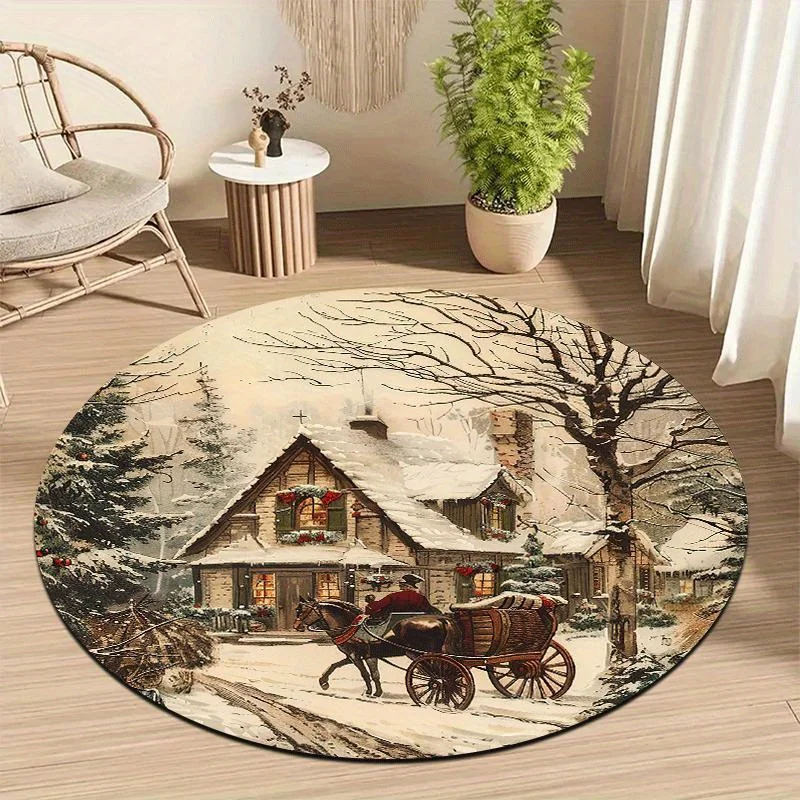 1pc Vintage Winter‑Sleigh Round Area Rug, Indoor & Outdoor Comfortable Floor Mat for Kitchen, Home, Office, Laundry Room