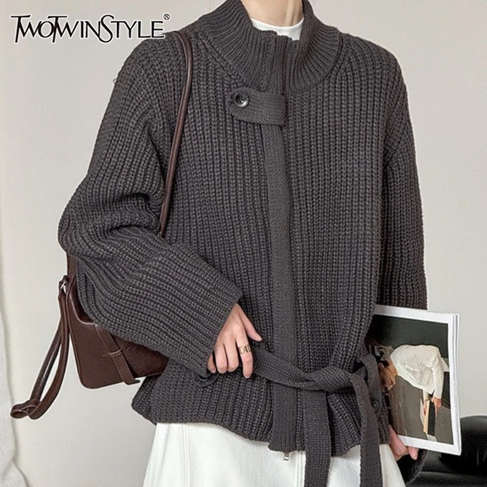 

TWOTWINSTYLE Solid Spliced Lace Up Chic Jacket Female O Neck Long Sleeve Loose Basics Korean Women's Jackets Autumn Fashion New