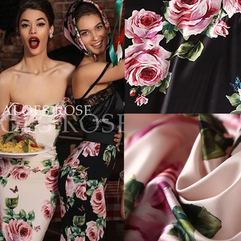 

European and American brand rose flower digital printing dress shirt polyester stretch satin fabric handmade DIY fabric