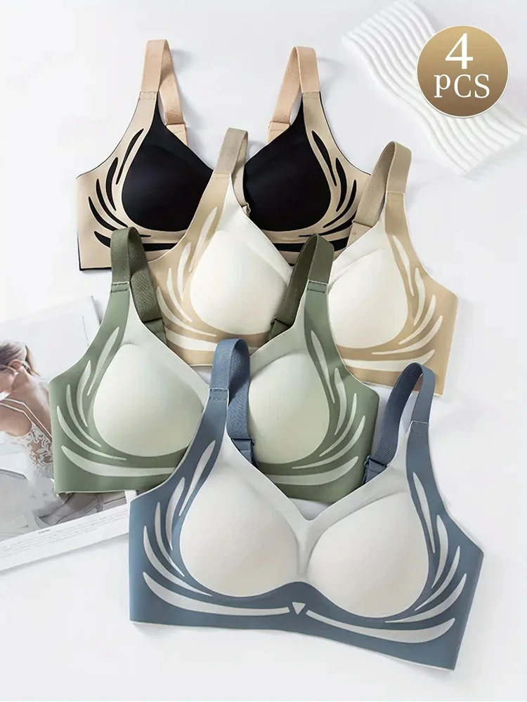 

4pcs Women's Sporty Seamless Wireless Bra Set Sexy Striped Pattern Push Up Bralette Ladies Breathable Removable Pads Lingerie