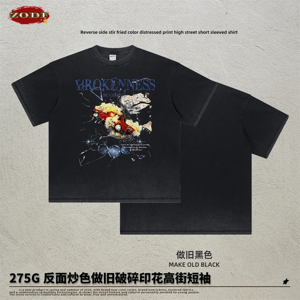 ZODF Retro Summer Men Washed Distressed 275gsm T Shirts Unisex High Street Printing Oversized 100% Cotton T-Shirt HY0021