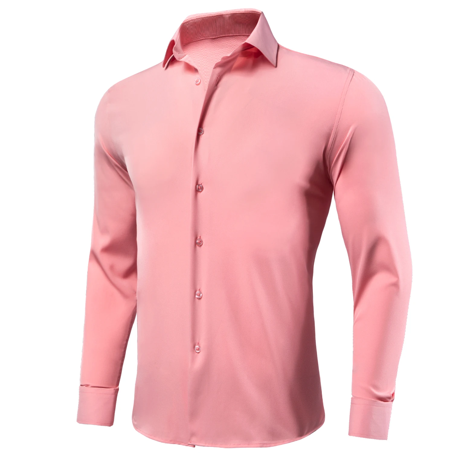 Hi-Tie Plain Coral Pink Silk Mens Shirts Lapel Long Sleeve Dress Suit Social Shirt Soft Breathable Male Blouse Wedding Business