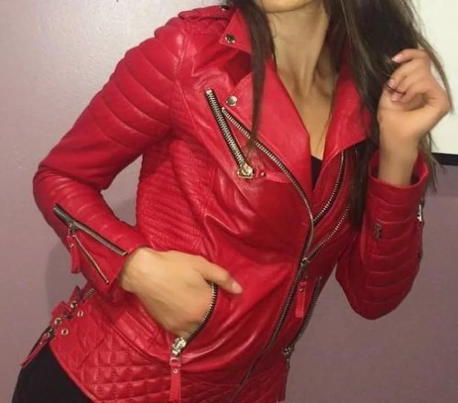 Womens Leather Jacket Quilted Red Boda Lamb Skin Designer Fashion Coat Genuine Leather High-grade Windbreaker