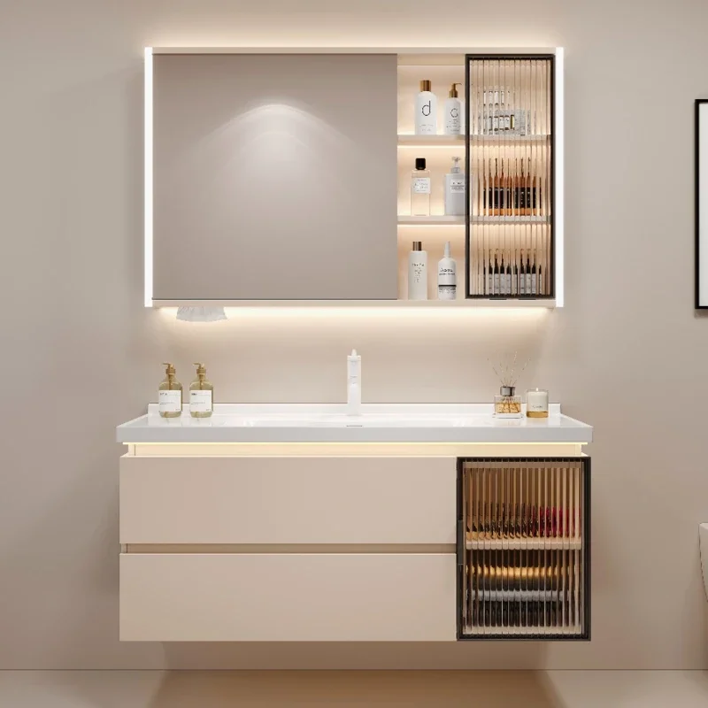 Cream Style Bathroom Cabinet Combination Modern Minimalist Bathroom Ceramic Integrated Basin Washbasin Smart Face Set