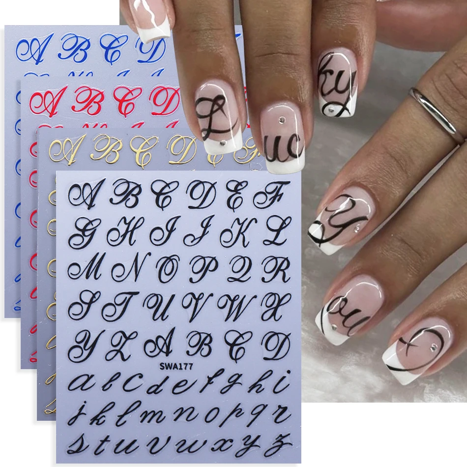 4 Stück Gothic Buchstaben Nagelaufkleber Y2K Cooles Design Schwarz Gold Rot Blau Englisches Alphabet Selbstklebender Nagelaufkleber DIY Maniküre Dekoration