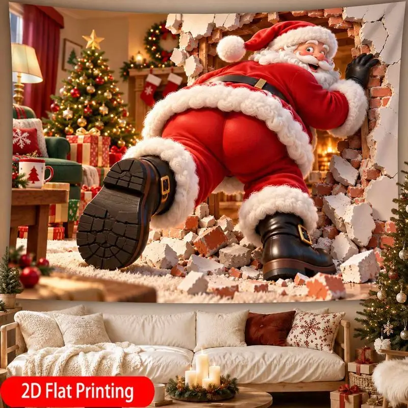 VIKAMA Christmas Tapestry Wall Hanging Santa Brick Wall Print Wall Art Decorative Tapestry for Living Room Bedroom Home