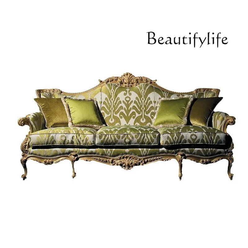 

Retro luxury fabric living room 321 combination European solid wood hand-carved three-person sofa