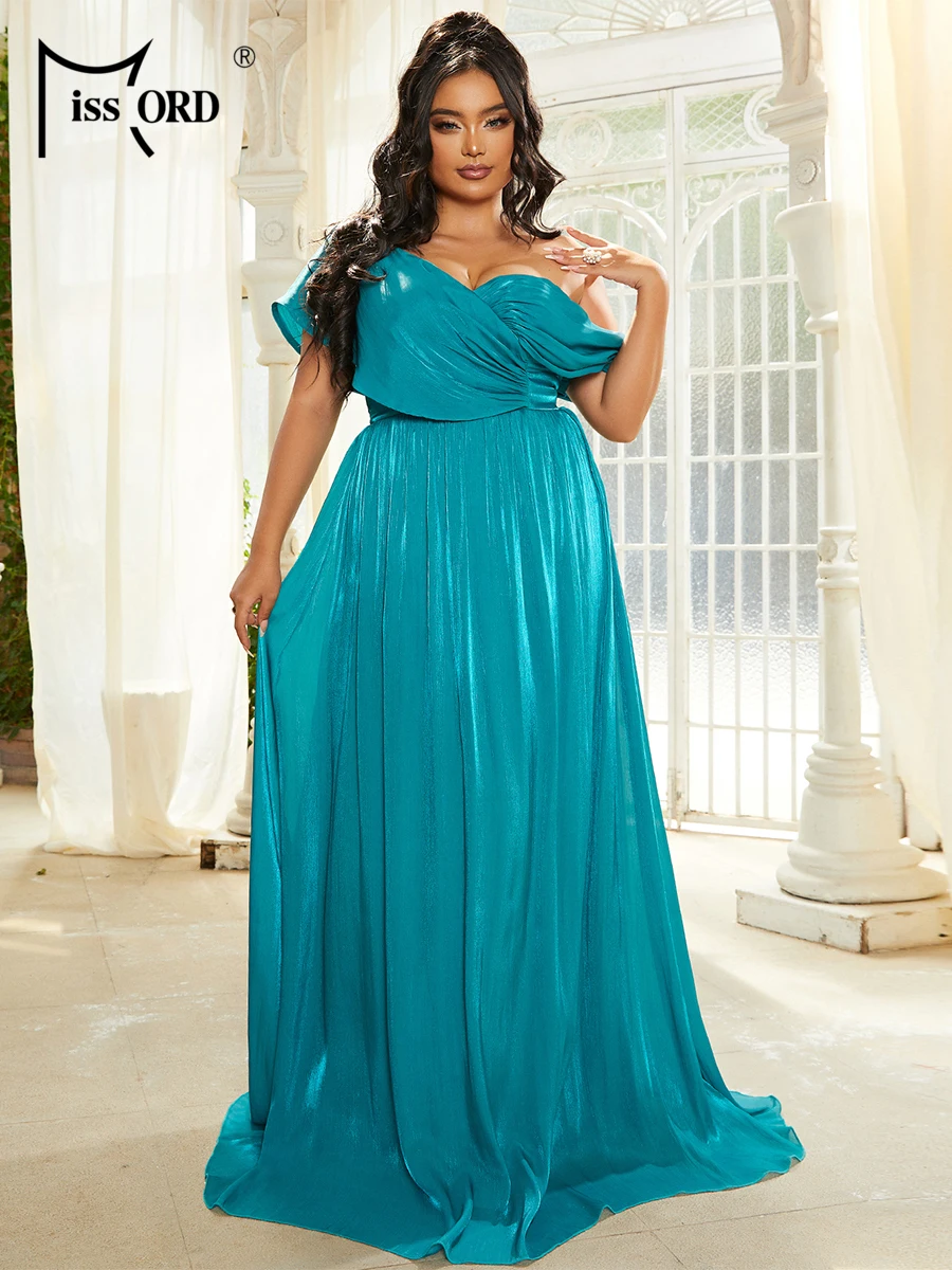 Missord Sky Blue Long Prom Dress donna elegante una spalla croce increspata a-line Maxi abiti da sera occasioni formali abito