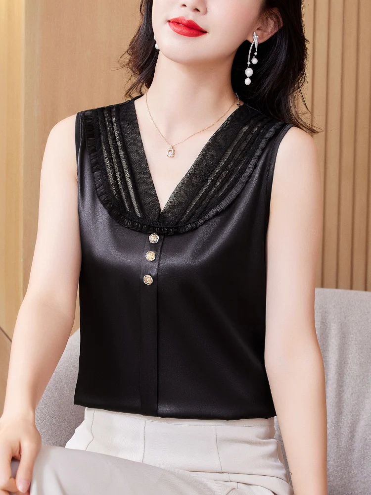 Top Donna in Pizzo Rosso con Spalline, Nuovo Top Estivo in Seta Satinata con Scollo a V, Versatile e alla Moda