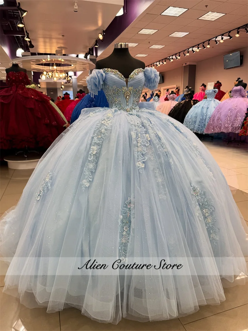 

2025 Sky Blue Quinceanera Dresses With Bow Appliques Beads Crystals Birthday Party Sweet 16 Dress Ball Gown Customized