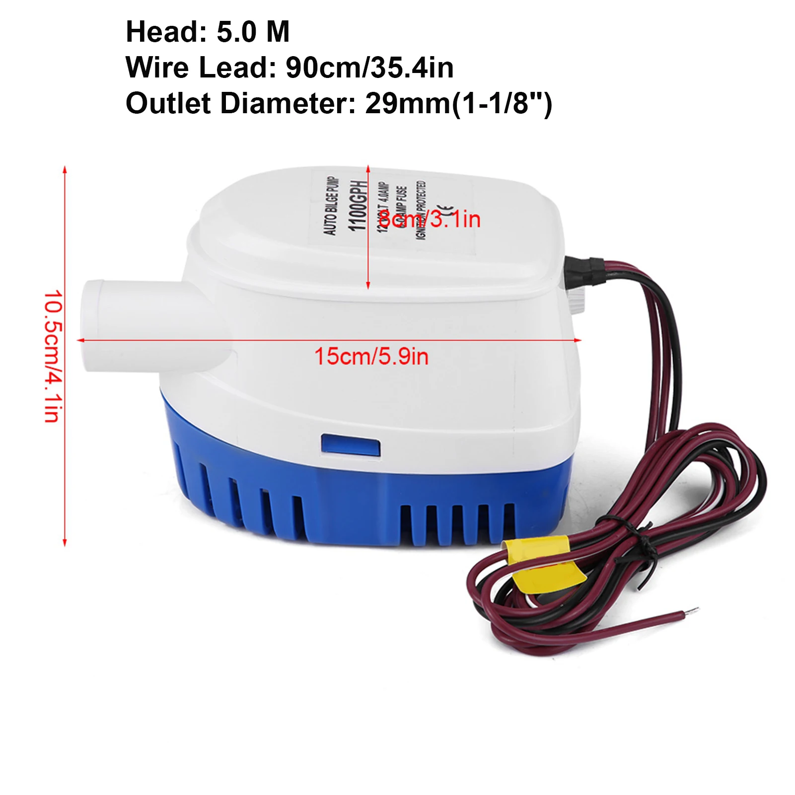 1100GPH Boat 12V Marine Automatic Submersible Bilge Water Pump Fully Auto Float Switch Internal